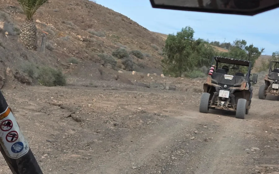 Vom Sitz aus gesehen: ein weiterer Buggy auf einem Feldweg durch trockenes Gestrüpp